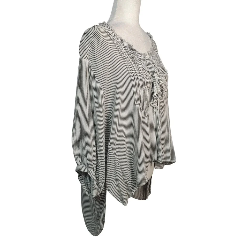 Free People Striped Ruffle Top Blouse Gray White Boho Oversized Coquette M/L